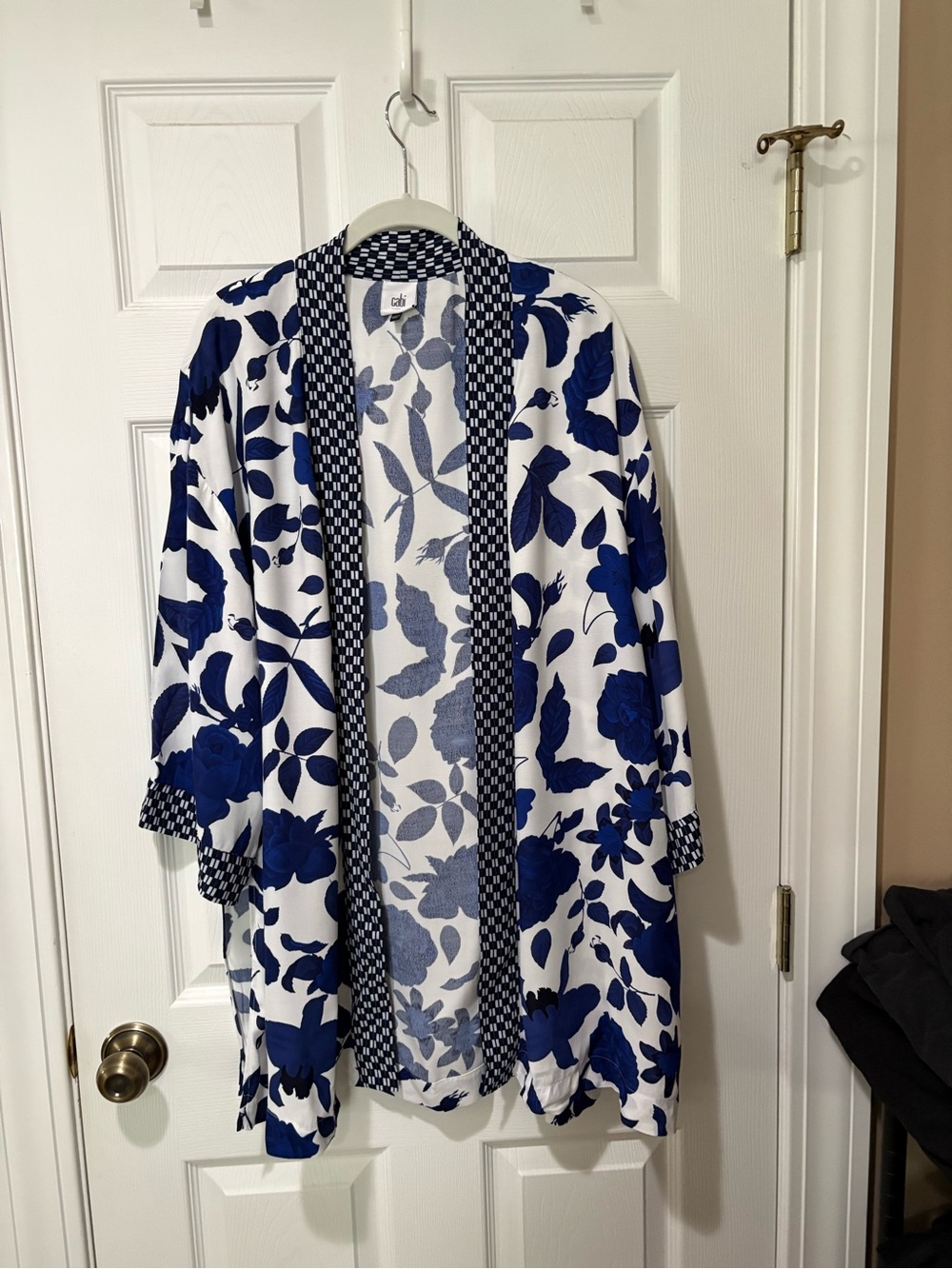 CAbi Navy and White Floral Open  Cardigan